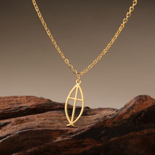 Ichthus Necklace for Women Christian Jesus Fish Necklace Christ Fish Cross Ichthys Pendant Necklace Ichthus Fish Religious Symbol Pendant Christian Jewelry Gift - color: Ichthys cross gold