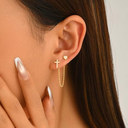 925 Sterling Silver Cross Heart Chain Stud Earring for Women - color: Golden
