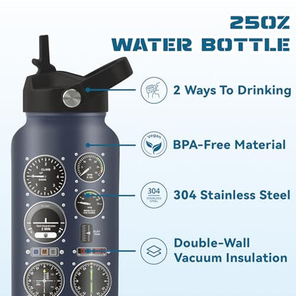 25oz Pilot Water Bottle with 2 Lid - Pilot Stainless Steel Insulated Water Bottles with Straw Lid, BPA-free Leakproof Insulated Reusable Sports Waters Bottle for Office Travel, Gifts Cup for Pilots - color: Pilot