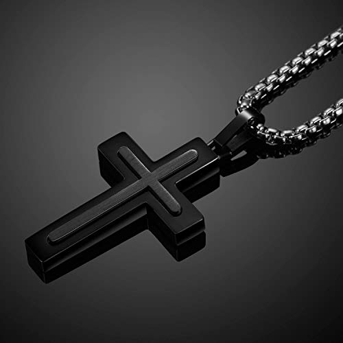 Men's Stainless Steel Cross Necklace,Two-Tone Black & Blue Carbon Fiber Pendant - Included Gift Box - style: Black & Dark Grey XL003
