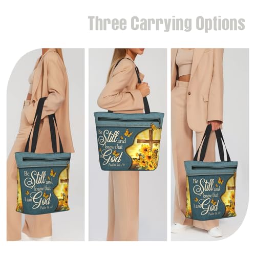 Christian Gifts Reusable Shopping Tote Bag Zippered Inspirational Tote Bags for Women Bible Verse Shoulder Bag - color: Sunflower