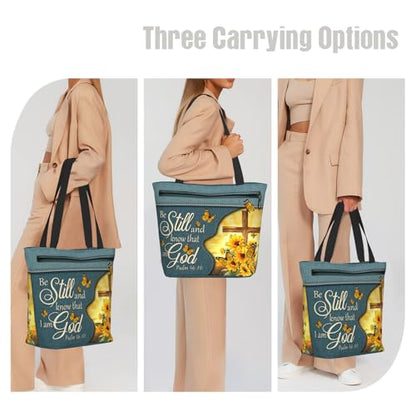 Christian Gifts Reusable Shopping Tote Bag Zippered Inspirational Tote Bags for Women Bible Verse Shoulder Bag - color: Sunflower