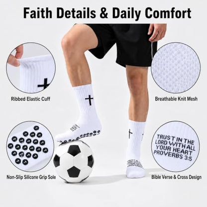 Cross Grip Soccer Socks for Men, Christian Anti Slip, US 7-11 - color: White/Black/Gray