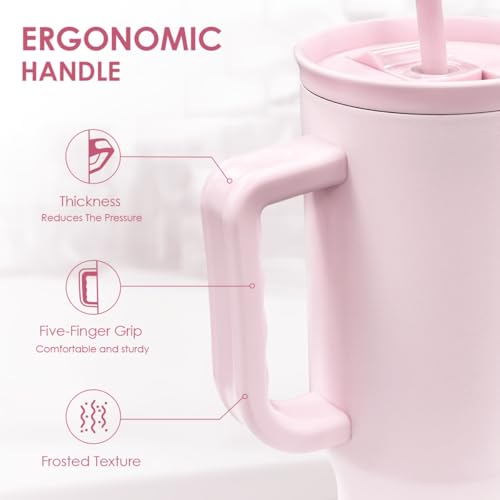 SANDJEST Light Pink 40oz Tumbler with Handle and Straw, Insulated Stainless Steel Travel Coffee Mug for Women Girls, Gift Idea for Birthday Christmas Mothers Day - color: Pink 1