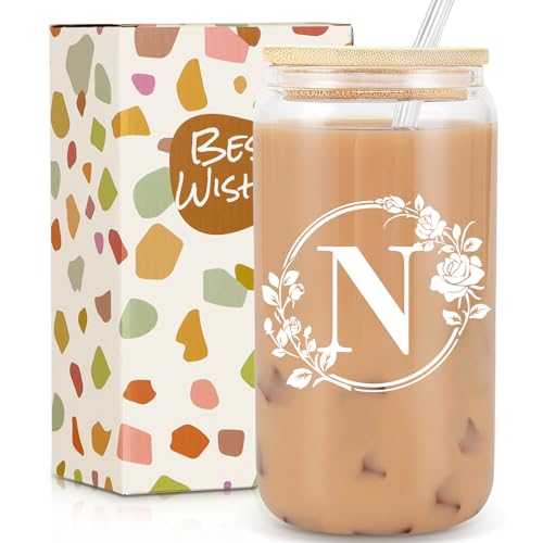 Birthday Gifts for Women, Monogrammed Initial Glass Cup Personalized Gifts for Women, 16oz Glass Cups with Lids and Straws, Iced Coffee Cup, Beer Can Shaped Glass - Gifts for Mothers Day, Christmas, N - style: N