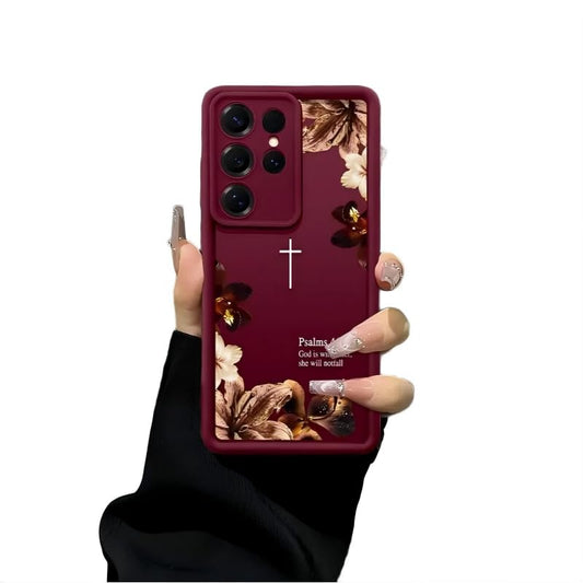 Vintage Floral Cross Psalms 46:5 Phone Case for Samsung S24 Ultra, Burgundy - color: Burgundy