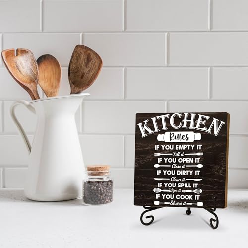 Kitchen Wooden Sign Decor, Kitchen Rules, Rustic Wooden Plaque Sign With Iron Stand, Farmhouse Home Office Restroom Desk Shelf Decorations - style: Kitchen