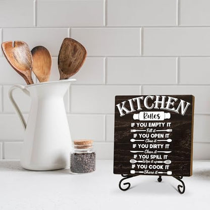 Kitchen Wooden Sign Decor, Kitchen Rules, Rustic Wooden Plaque Sign With Iron Stand, Farmhouse Home Office Restroom Desk Shelf Decorations - style: Kitchen