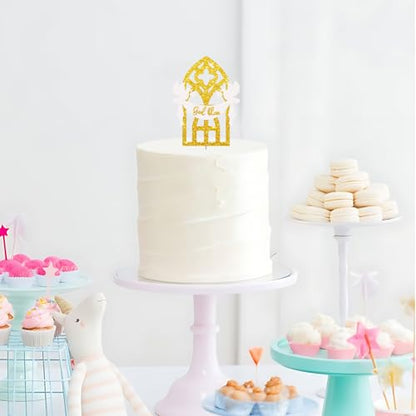 God Bless Cake Topper, Mi Baptism Cake Decor, Gold Glitter Christening Dove Cake Topper for Baby Shower, Religious Themed Party Decoration - style: God Bless