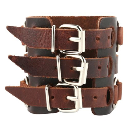 HZMAN Men's Alloy Genuine Leather Bracelet Bangle Cuff Adjustable - color: Brown