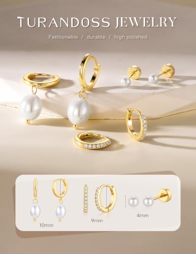 Turandoss Gold Earrings Stack for Women Teen Girls, 14K Gold Plated - color: Pearl Earring（Gold）