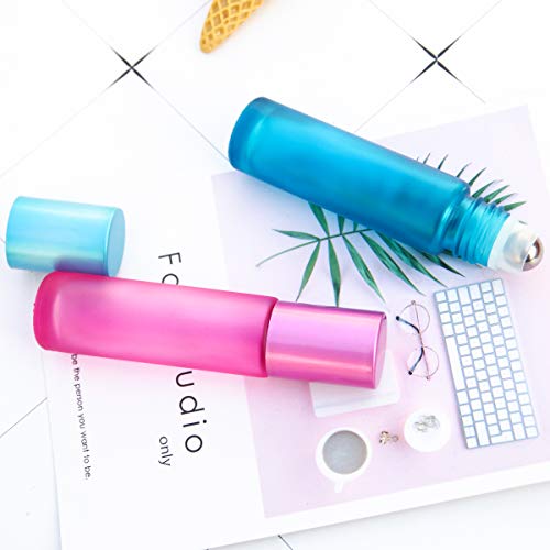 8Pcs 10ml(1/3oz) High-grade Colorful Frosted Roll on Bottles Thick Glass Massage Roller Bottles Tube Vials Containers for Essential Oils, Aromatherapy, Perfumes and Lip Balms+ 1pc 3ml Dropper