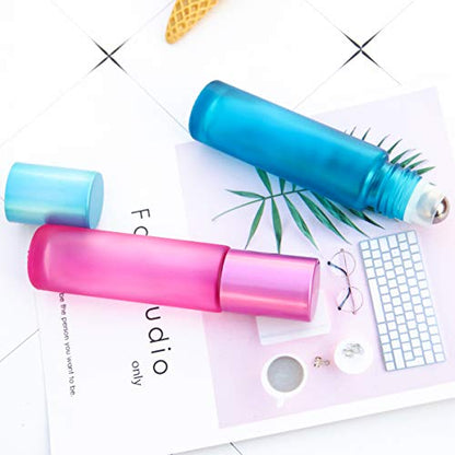 8Pcs 10ml(1/3oz) High-grade Colorful Frosted Roll on Bottles Thick Glass Massage Roller Bottles Tube Vials Containers for Essential Oils, Aromatherapy, Perfumes and Lip Balms+ 1pc 3ml Dropper