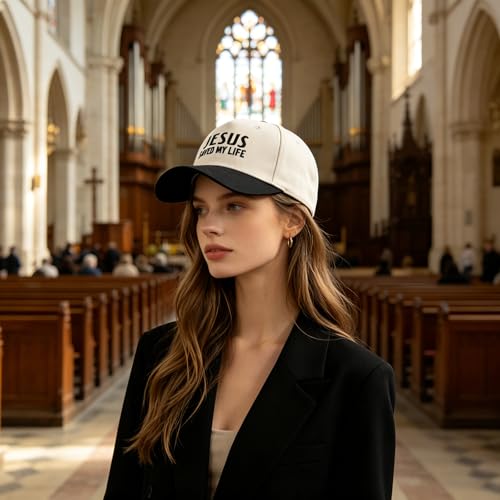 Embroidered Christian Two-Tone Baseball Cap for Men & Women, Adjustable Dad Hat Christmas Easter Gift - color: Jesus Saved My Life, Black/Beige