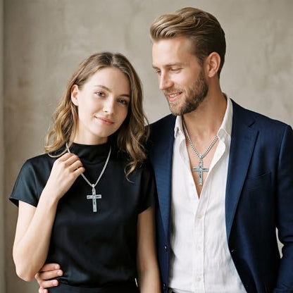 MRENITE Silver Natural Stone Cross Necklace, Classic Latin Cross Pendant Necklace for Unisex Women Man, Vintage Crystal Quartz Cross Necklace with 20+2 Inches Adjustable Cuban Chain - style: Abalone