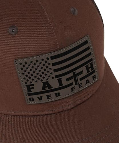 Faith Over Fear Christian Hats for Men Women, American Flag Trucker Hat, Religious Gifts for Thanksgiving Christmas - color: Brown