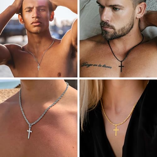 Cross Necklace for Boys Mens Stainless Steel Twisted Rope Chain Cross Pendant Rustproof Necklace for Teen Boy Mens Christian First Communion Confirmation Gifts for Boys - color: Silver