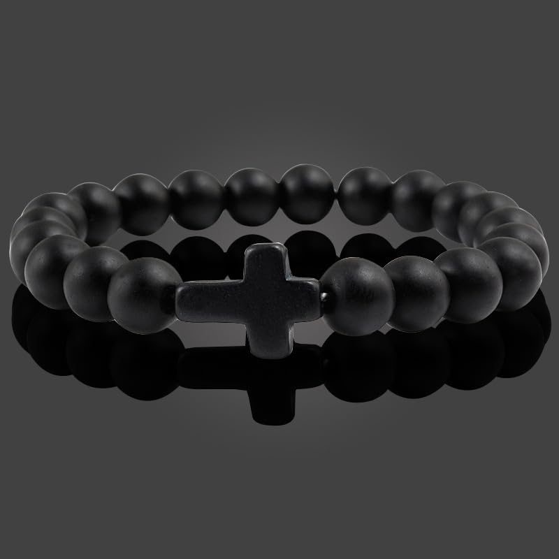 FORUBUS Lava Rock Stone Beaded Bracelet, Cross Charm Natural Volcanic Stone beads Turquoise Stretch Bracelet for Women Men Religion Jewelry Pray Baptism Gift - color: 1pcs black matt