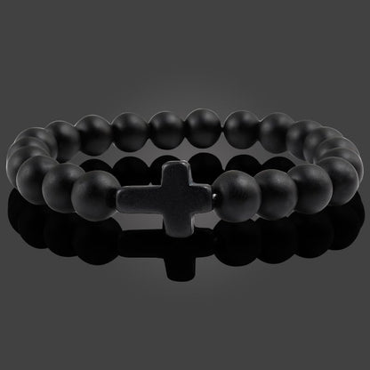 FORUBUS Lava Rock Stone Beaded Bracelet, Cross Charm Natural Volcanic Stone beads Turquoise Stretch Bracelet for Women Men Religion Jewelry Pray Baptism Gift - color: 1pcs black matt