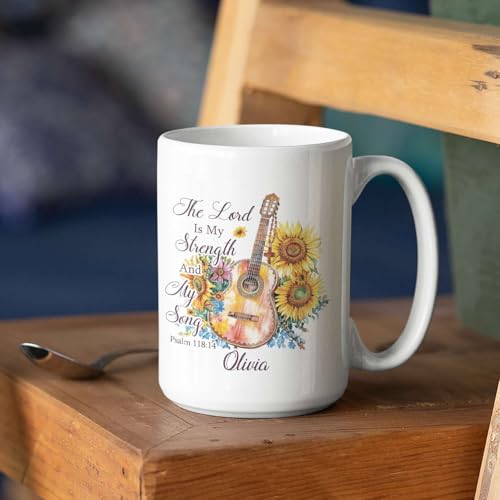 Religious Cup, Sunflowers And Guitar Design Mug, Personalized Name Christian Coffee Cup, Custom Bible Verse Mug 11oz 15oz, Customized Christian Themed Ceramic Cup, Gift For Friend Coworker - color: HOA-624-2165-MY STRENGTH AND SONG MUG