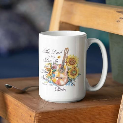 Religious Cup, Sunflowers And Guitar Design Mug, Personalized Name Christian Coffee Cup, Custom Bible Verse Mug 11oz 15oz, Customized Christian Themed Ceramic Cup, Gift For Friend Coworker - color: HOA-624-2165-MY STRENGTH AND SONG MUG