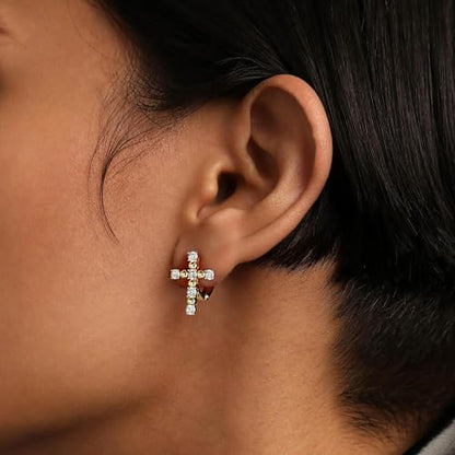 14K Gold Cross Huggie Earrings for Women Hoop Small Cross Earring - color: Gold Zircon Cross Hoop Earring