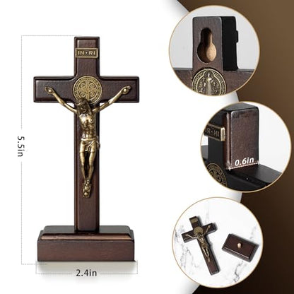 KUXBET Crucifix Wall Cross with Standing, 5inch Jesus Catholic Wooden Cross - color: Small Tabletop