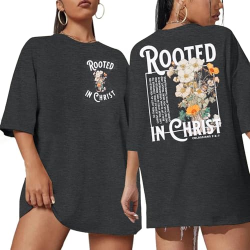 Rooted in Christ Shirt Christian Shirts for Women Jesus Oversized Tshirt - color: Dark Grey, size: XX-Large