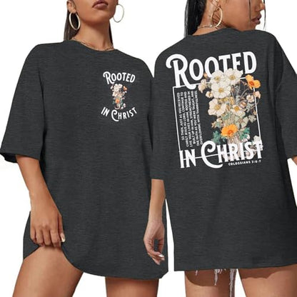 Rooted in Christ Shirt Christian Shirts for Women Jesus Oversized Tshirt - color: Dark Grey, size: XX-Large