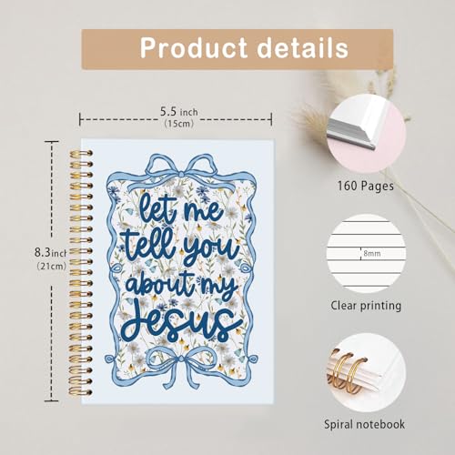 MOFUYU Blue Bow Floral Christian Spiral Notebook,Journal for Bible Study - color: white(Blue)