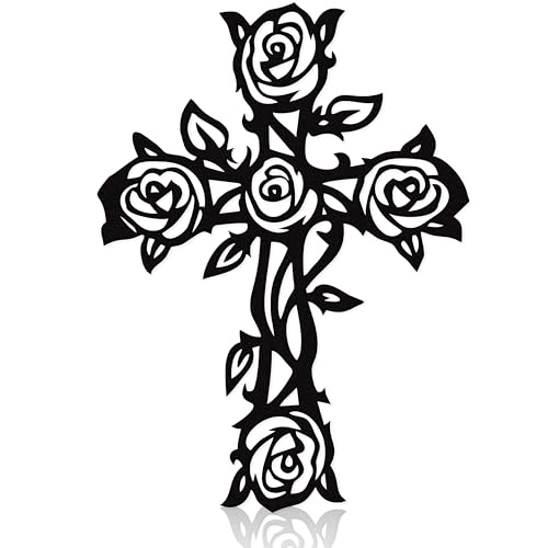 Zckjnoi Black Metal Rose Cross Wall Decor, Christian Cross Floral Art for Church Home Bedroom Living Room Dining Room Porch, Religious Flower Cross to Hang on Wall, Cool Gifts for Christian
