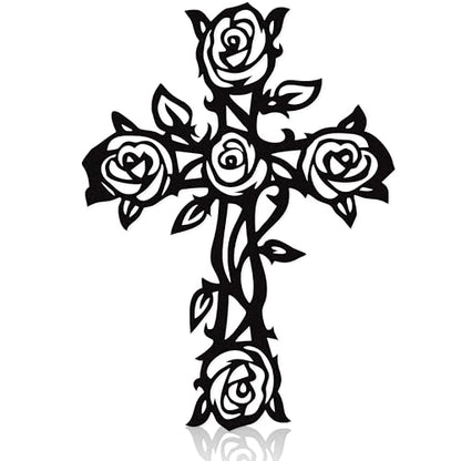 Zckjnoi Black Metal Rose Cross Wall Decor, Christian Cross Floral Art for Church Home Bedroom Living Room Dining Room Porch, Religious Flower Cross to Hang on Wall, Cool Gifts for Christian