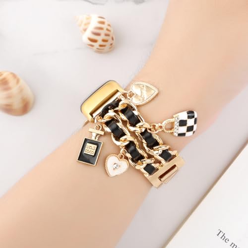 Stylish Metal Wristband Compatible with Fitbit Charge 6/Charge 5 Bands for Women,Cute Strap with Unique Love Cross Pendants Chain Charms Bracelet for Charge 5 6 Fitness Tracker - color: Gold+Black Leather