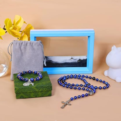Rosary for Men Women, Natural Stone Beads with St. Benedict Bracelet - color: Lapis Lazuli
