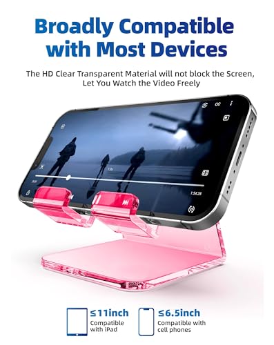 TOPGO Acrylic Cell Phone Stand, Clear Phone Holder for Office Desk, Vanity, Kitchen Counter, Bedside Table, Compatible with iPhone 17 16 15 14 13 12 Pro Max Plus/Smartphones/iPad/Switch/Kindle(Pink)