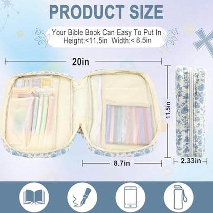 Zkptops Bible Cover Case for Women Girls Large Bible Bag Blue Cotton Quilted Floral Bible Carrying Case with Zipper Pocket and Handle Carrying Book Cover for Christian Study Supplies Christian Gift - color: Fj Blue