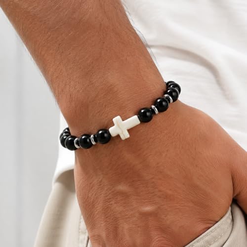 Cross Birthstone Gemstone Beaded Stretch Protection Bracelet for Man Woman, Handmade Healing Stone Chakra Beads Elastic Bracelets Accessories Fashion Jewelry Gift. - color: Black Obsidian