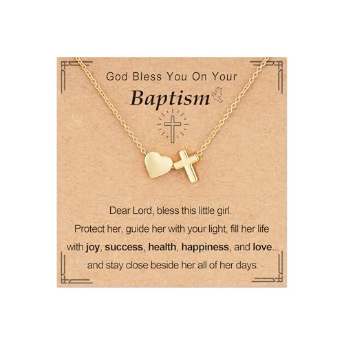 Baptism Gifts for Girls, 14K Gold Plated Heart Cross Necklace for Daughter Granddaughter Niece Sister Confirmation First Communion Christian Religious Gifts 16+3 Inches - style: Baptism Heart Cross Necklace