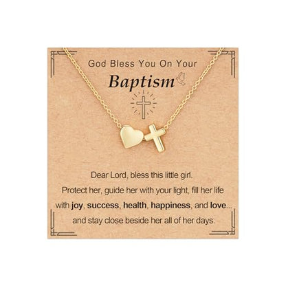 Baptism Gifts for Girls, 14K Gold Plated Heart Cross Necklace for Daughter Granddaughter Niece Sister Confirmation First Communion Christian Religious Gifts 16+3 Inches - style: Baptism Heart Cross Necklace