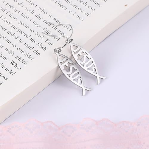 Ichthus Fish Dangle Earrings Ichthus Cross Earrings Christian Jesus Fish Earrings Religious Jewelry Christian Symbols Accessories Gift for Women - color: Ichthus silver