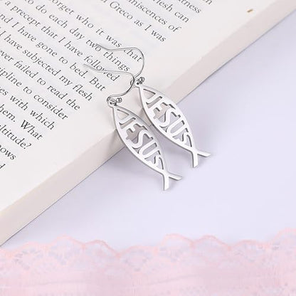 Ichthus Fish Dangle Earrings Ichthus Cross Earrings Christian Jesus Fish Earrings Religious Jewelry Christian Symbols Accessories Gift for Women - color: Ichthus silver