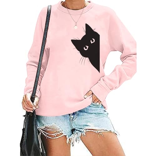 Cat Sweatshirts for Women Graphic Print Sweatshirt Funny Long Sleeve Shirt Cute Pullover Lightweight Hoodie Tops - color: Pink, size: Large