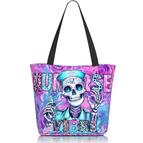 Tote Bag for Women，Everyday Carry Large Capacity Reusable Shopping Bag With Zipper For Groceries Work & Travel - color: Purple Skull Nurse
