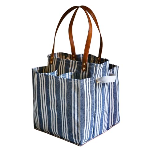CapaBunga Farmer's Market Tote - 7 Pocket Large Utility Tote with Handles - Heavy Duty Canvas Utility Bag with Vegan Leather Base - Reusable Patterned Grocery Bag - color: Patterned