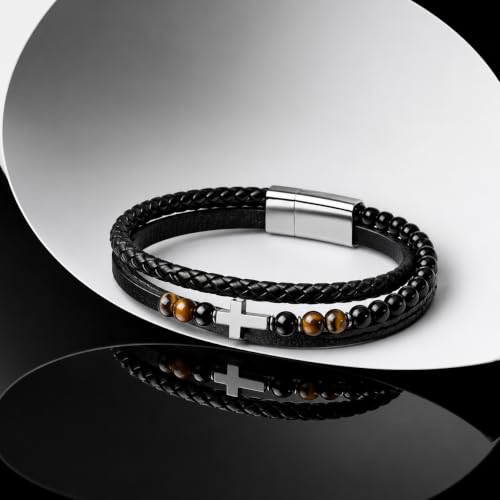 WFJ Men’s Christian Cross Bracelet Genuine Leather Multilayer with Tiger Eye & Black Beads Protection - size: X-Large