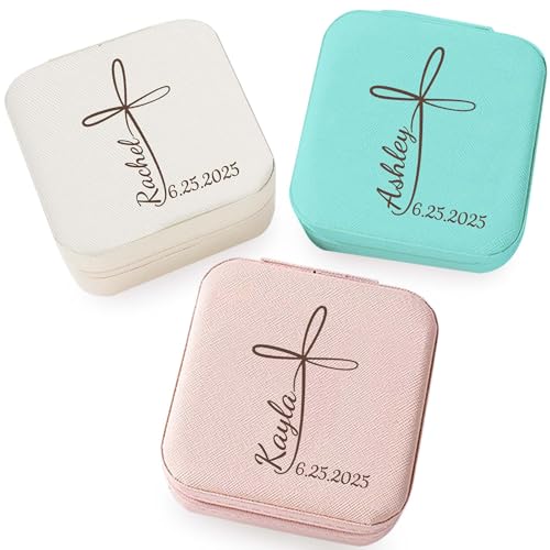 Corissy Easter Gifts for Girls Personalized Cross Jewelry Box with Name Custom Leather Travel Jewelry Case Customized Jewelry Organizer Baptism Gifts for Girls - color: Style 4