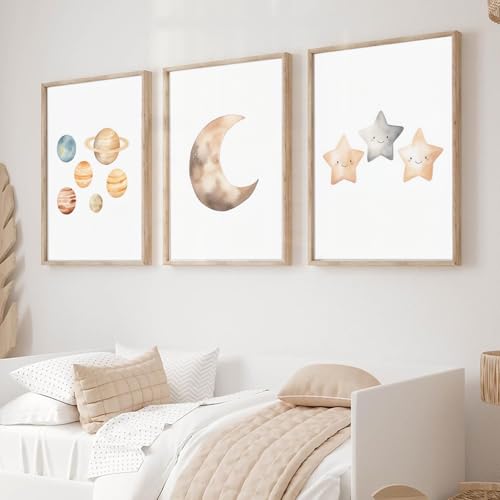 Boho Moon Stars and Planets Canvas Art Watercolors Painting Nursery Wall Art Posters Prints Pictures Baby Kids Room Decor 12x16 Inch Unframed - color: Boho Nursery Art Prints, size: 12x16 Inch