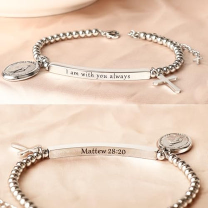 DS Women Christian Charm Bracelet,Cross Scripture Stainless Steel Jewelry - style: I am with you always-Silver