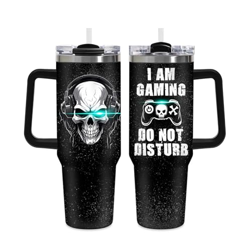 Gaming Tumbler Gifts for Men Teen Kids, 40oz Gamer Insulated Mug, Skull Video Game Controller Stainless Steel Travel Tumbler with Handle Straw, Double Wall Insulated Cup Present for Boys Teenagers - color: Game-D-532-E