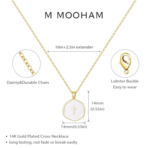 M MOOHAM Enamel Mini Cross Necklace for Women Girl, 14K Gold Plated Jewelry - color: white cross-cable chain